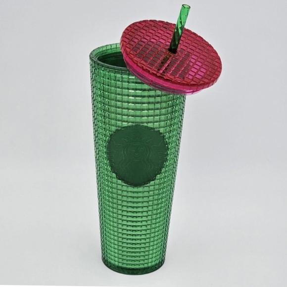 Starbucks Green & Pink Grid Cup Watermelon Iridescent Tumbler Venti 24oz New - Picture 5 of 16